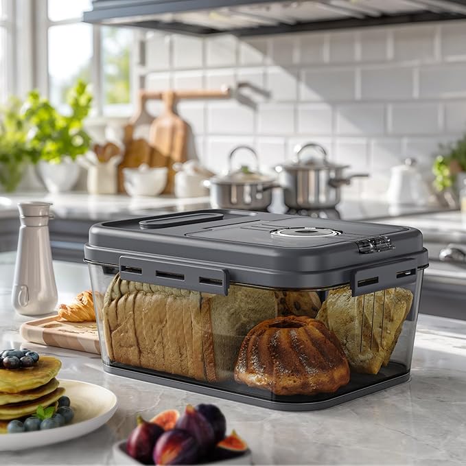 Bread Box For Kitchen Countertop, Airtight Bread Storage Container, Bread Container For Homemade Breads, Cookies, And Cake, Grey Bread Keeper