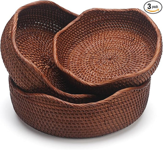 YANGQIHOME Rattan Round Fruit Baskets, Wicker Storage Bowls, Natural Woven Serving Basket Bowls, Decorative Baskets for Kitchen Counter Organizing, Brown, Set of 3