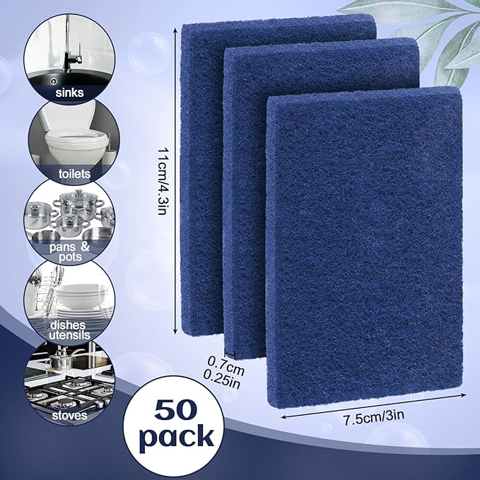 Hoolerry 100 Pcs Heavy Duty Scouring Pads Non Scratch Household Scrub Pads for Cleaning Reusable Pan Scrubber Anti Grease Scrubbing Pads for Dish Kitchen Metal Grills, 4.3 x 3 x 0.3 in (Blue)