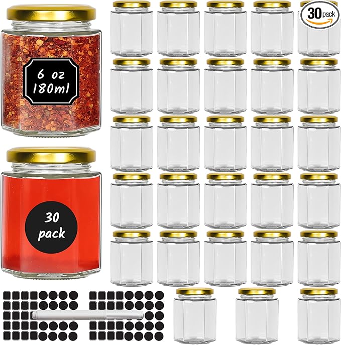 6 oz Hexagon Glass Jars with Gold Lids, 30 Pcs Canning Jars for Jam, Honey, Jelly, Candy, Candle, Wedding Favors, Baby Shower Favors, Spice Jars Crafts with Stickers and Pen for Labeling