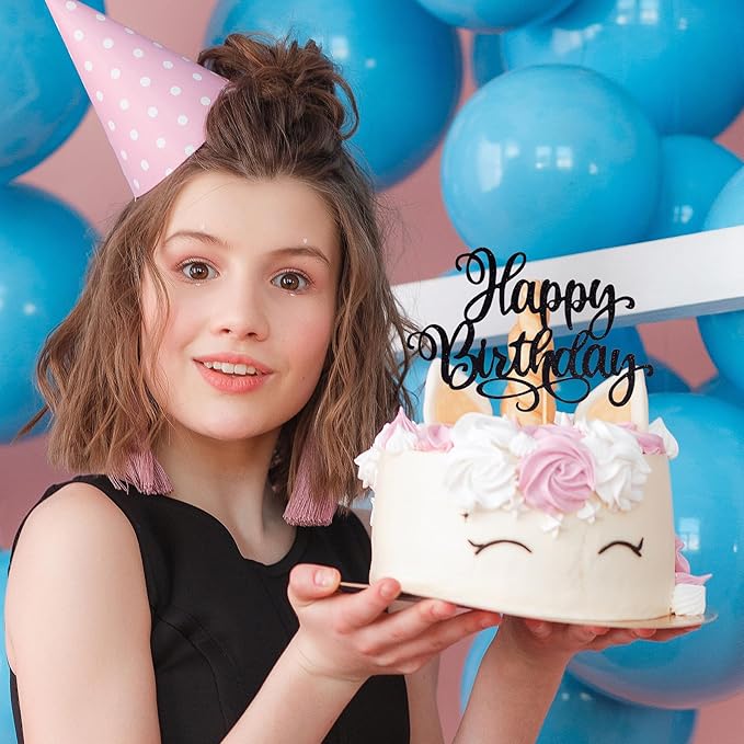 Happy Birthday Cake Toppers 9 Inch Glitter Happy Birthday Cake Pick for Birthday Anniversary Theme Party Cake Decorations Supplies - Black