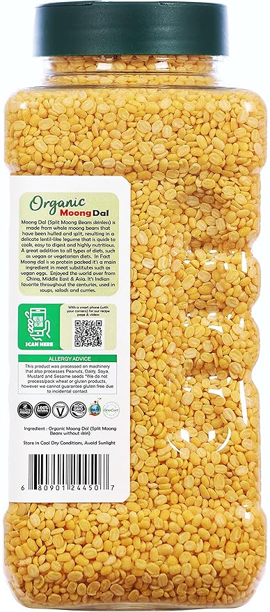 Rani Organic Moong Dal (Split Moong Beans Skinless) Indian Lentils 32oz (2lbs) 908g PET Jar ~ All Natural | Vegan | Gluten Friendly | NON-GMO | Indian Origin | USDA Certified Organic