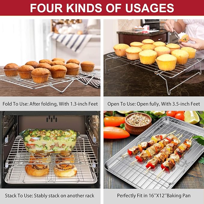 P&P CHEF 3-Tier Cooling Rack Set, Stackable Stainless Steel Baking Cooling Roasting Cooking Racks for Cake, Pastry, Bread, Meat, Bacon, Collapsible & Thick Wire, Oven Safe, 15" x10", Silver