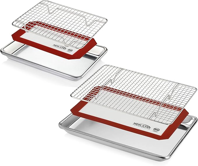 New Star Foodservice 1028768 Commercial-Grade Bun Pan/Baking Sheet, Baking Mat, Cooling Rack Combo, 1/8 and 1/4 Sizes Each