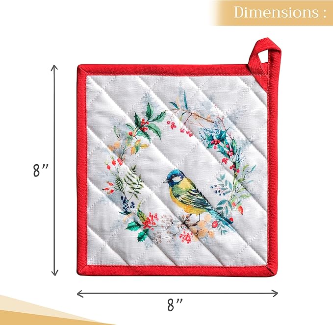 Maison d' Hermine Pot Holders 100% Cotton Heat Resistant Potholders 8" x 8" Hot Pads with Loop BBQ, Cooking, Baking, Grilling, Kitchen, Handling Hot Pans (Pack of 1, Morzine)