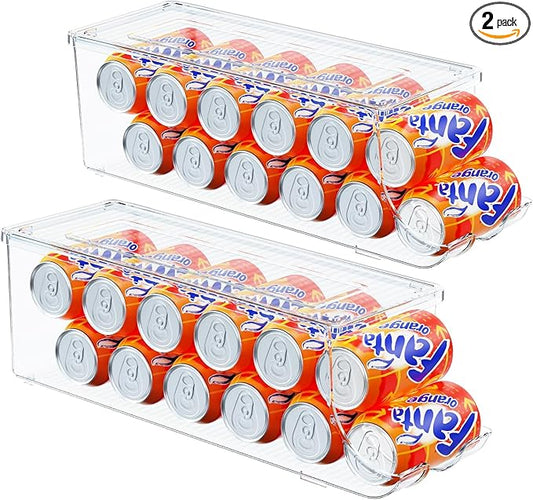 2 Pack Soda Can Organizer for Refrigerator, Stackable Canned Food Pop Cans Container Can Holder Dispenser with Lid for Fridge Rack Freezer, Clear Storage Bins-Holds 12 Cans Each (Clear)