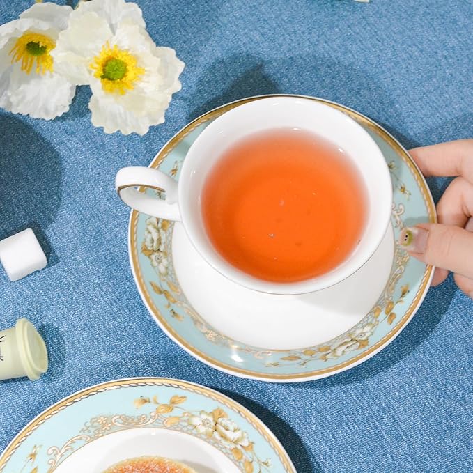 Bone China Tea Set, 21-Pieces Porcelain Tea Set for Adults, Tea Cups And Saucers for 6, with Teapot, Spoons, Sugar Bowl, Creamer Pitcher, Vintage Tea Set for Women Tea Party (Green)