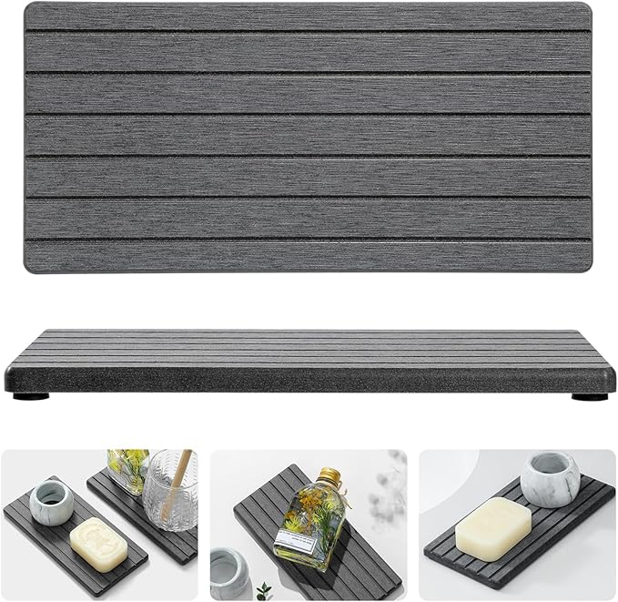 2PCS Diatomite Quick Stone Drying Tray Mat For Bathroom & Kitchen Counter, Instant Dry Water Absorbent Drink Bar Coaster,Vanity Sink Caddy Organizer,Dish Soap Sponge Holder, Dark Gray,8"x3.8"