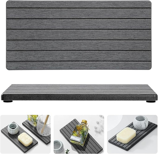 2PCS Diatomite Quick Stone Drying Tray Mat For Bathroom & Kitchen Counter, Instant Dry Water Absorbent Drink Bar Coaster,Vanity Sink Caddy Organizer,Dish Soap Sponge Holder, Dark Gray,8"x3.8"