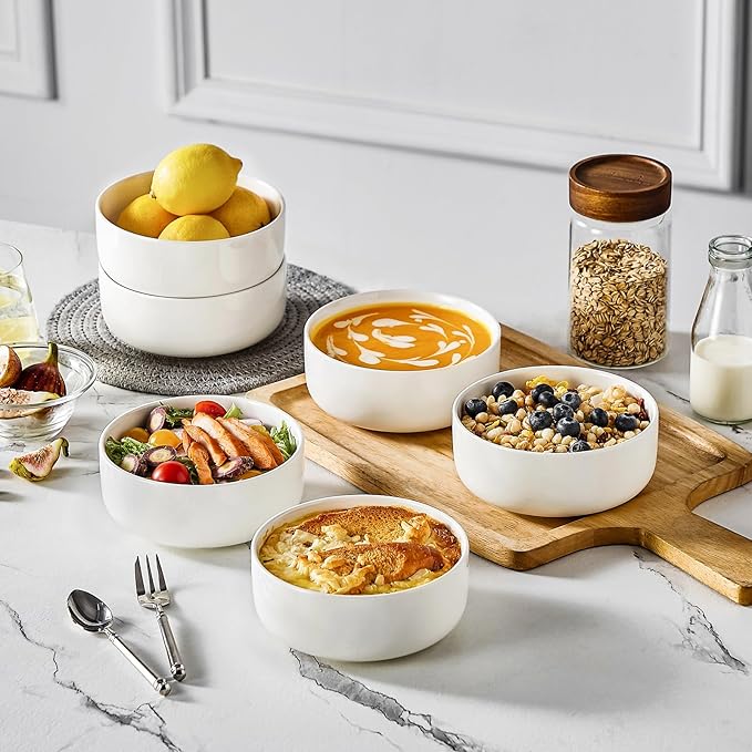 MALACASA 24 OZ Cereal Bowls, Porcelain Soup Oatmeal Bowls Set of 6, Kitchen Ceramic Serving Bowl, Dishwasher Microwave Oven Safe, White, Series LUNA