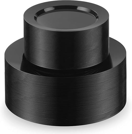 Munfix 100 Black Plastic Plates Set, 50 Pcs 10 Inch Plastic Dinner Plates and 50 Pcs 7 Inch Plastic Dessert Plates, Elegant Fancy Heavy Duty Disposable Plates for Party, Wedding, Black