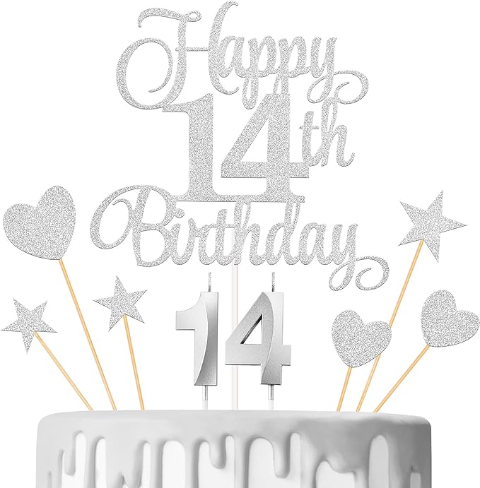14th Birthday Cake Decorations, 14th Birthday Candles Cake Numeral Candles and Glitter Happy 14th Birthday Cake Toppers Set for Birthday Party Supplies (Silver)