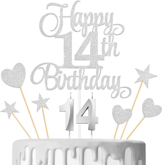14th Birthday Cake Decorations, 14th Birthday Candles Cake Numeral Candles and Glitter Happy 14th Birthday Cake Toppers Set for Birthday Party Supplies (Silver)