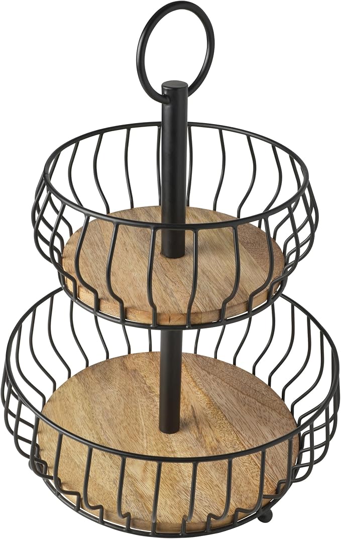 Gourmet Basics by Mikasa Savannah 2 Tier Metal Fruit Storage Countertop Basket, 12 x 12 x 16 Inch, Black