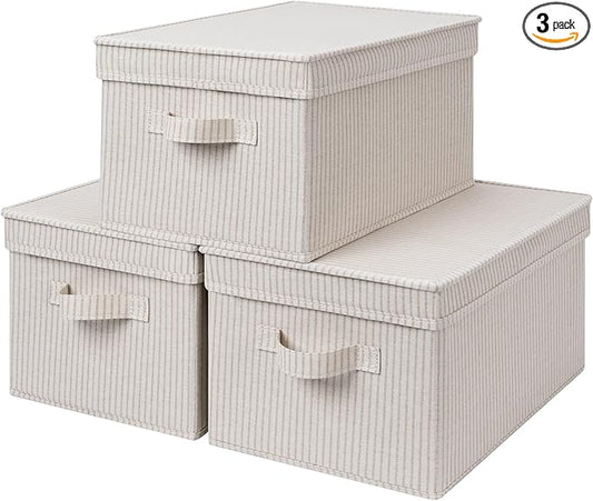 StorageWorks Large Storage Bins with Lids, Decorative Storage Boxes with Lid and Handles, Foldable Storage Baskets for Closet, Shelves, Stackable, Khaki Stripe, 3-Pack