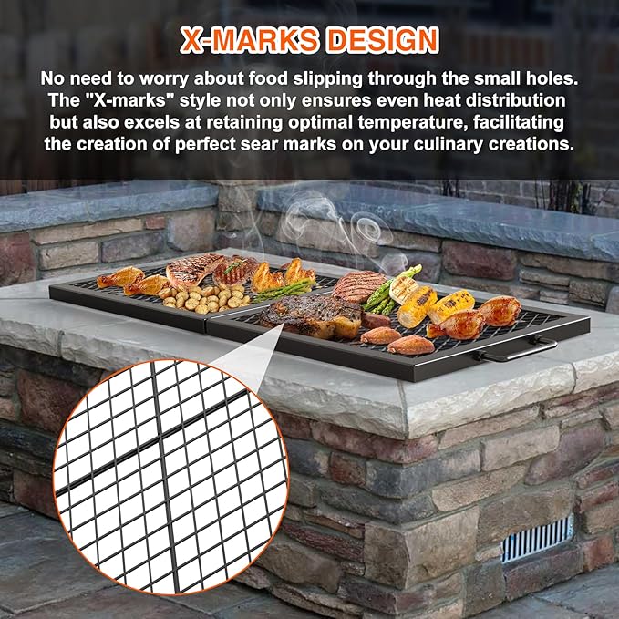 Onlyfire Foldable X-Marks Fire Pit Cooking Grate, Portable Rectangle Campfire Grill Grate with Handles, Heavy Duty Steel Campfire BBQ Grill for Outdoor, 36 inch