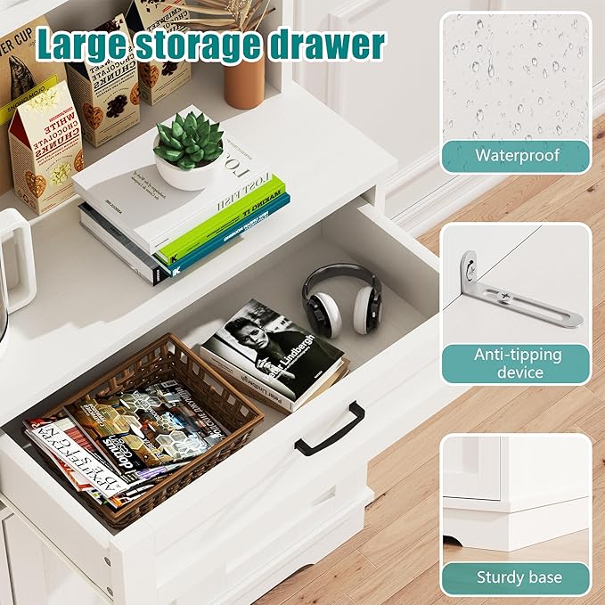 Vongrasig Tall Pantry Cabinet, Kitchen Pantry Storage Cabinet with Microwave Stand,Farmhouse Kitchen Hutch with Adjustable Shelves for Living Room, Dining Room, White