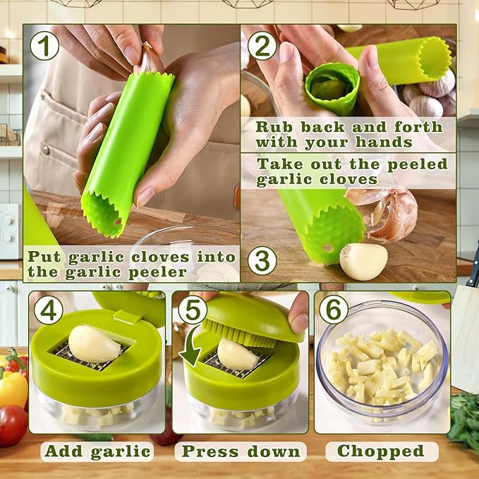 2 Pcs Garlic Press Stainless Steel, Garlic Mincer Crusher with Peeler and Cleaning Brush, Garlic Chopper Mini Kitchen Tool