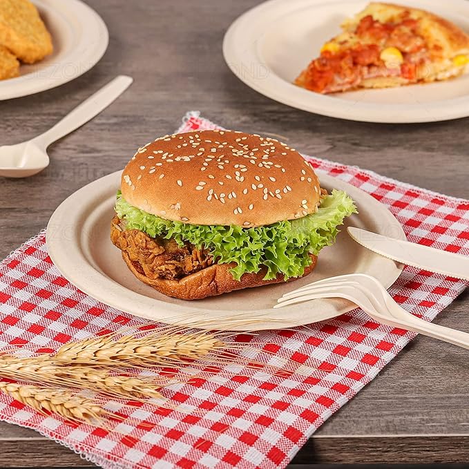 Gezond 100% Compostable Paper Plates 7 Inch, 150pcs Disposable Heavy-Duty Plates Unbleached Biodegradable Plate Made of Sugarcane Fiber