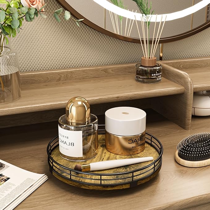 Lazy Susan Turntable Organizer for Table Top, 9’’ Round Wooden Lazy Susan for Cabinet Kitchen Countertop Pantry Dining Coffee Table for Condiments Spices, Rustic Bathroom Vanity Tray for Soap Candle