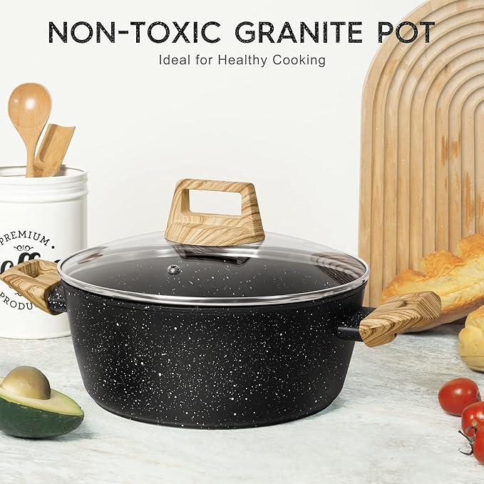 MICHELANGELO 4.3 Quart Nonstick Soup Pot with Lid, Non-Toxic Granite Coating, Induction Compatible, Non Stick Pot for Cooking with Stay-cool Handles, Black