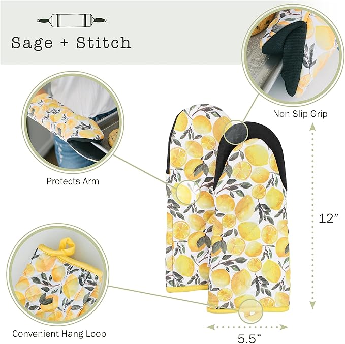 Heat Resistant Designer Kitchen Oven Mitts with Neoprene Non-Slip Grips and Hanging Loops | Set of 2 100% Cotton Long Sleeve Kitchen Oven Mitts | 5.5" x 12" | Yellow Lemons
