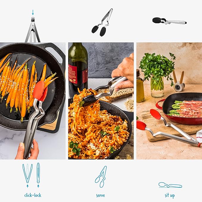 Dreamfarm Clongs Grippy Silicone & Stainless Steel Kitchen Cooking Tongs with Click-Lock Open & Close - 9" Black