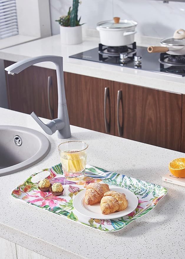 Blue Boat 16.5" x 11.5" Rectangular Serving Trays Set of 2 Floral, Light Weight Easy to Clean Sturdy Stackable Melamine Serving Tray with Handle, Fruit, Snacks, and Desserts Trays