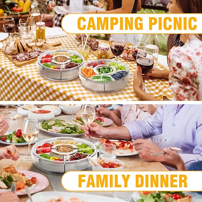 Divided Serving Tray with Lid Rotating Veggie Tray Charcuterie Tray for dinner party, Portable Snack Spinner for Picnic, Travel, Leakproof Serving Platter