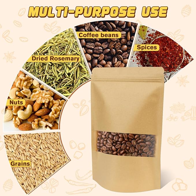 Jetmore-50pack-Smell-Proof-Bag, Reusable Zip Lock Bags with Window, Resealable Stand Up Packaging Bags, Brown Paper Pouches for Coffee, Tea, Herbs, Spice, Snack, Baked Goods, Goodie Bags