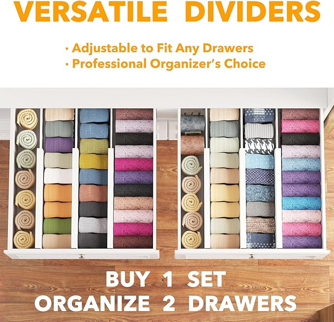 SpaceAid Bamboo Dresser Drawer Dividers 6 Pack, 4.65“ High Adjustable 12.5“-17” Drawer Organizers, Expandable Organization for Clothing, Clothes, Dressers, White