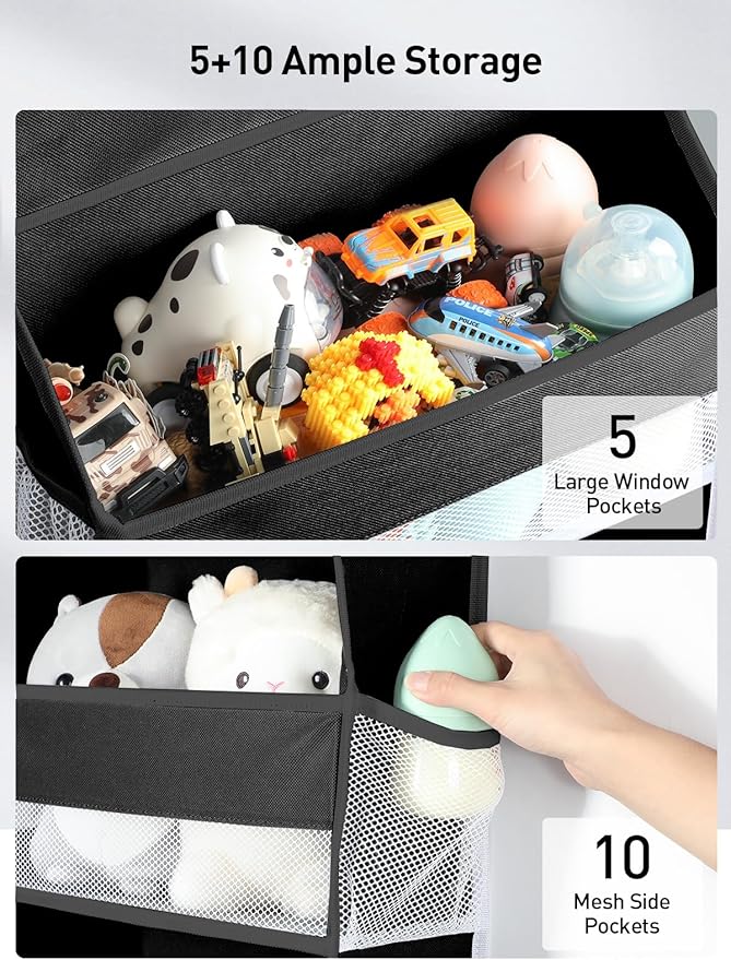 Yecaye 2 Pc Over the Door Organizer with 5 Bins 10 Side Pockets, 44lbs Load Hanging Bathroom and Bedroom Organizer, behind the Door Hanging Organizers for Nursery Newborn Baby Essential Stuff Black