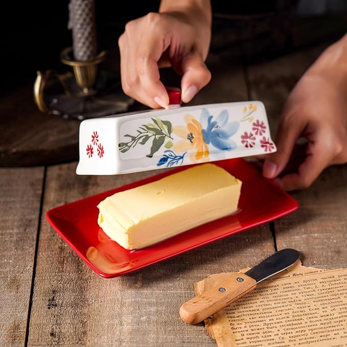 Butter Dish Ceramic Butter Keeper Butter Dish with Lid, Butter Container, RED