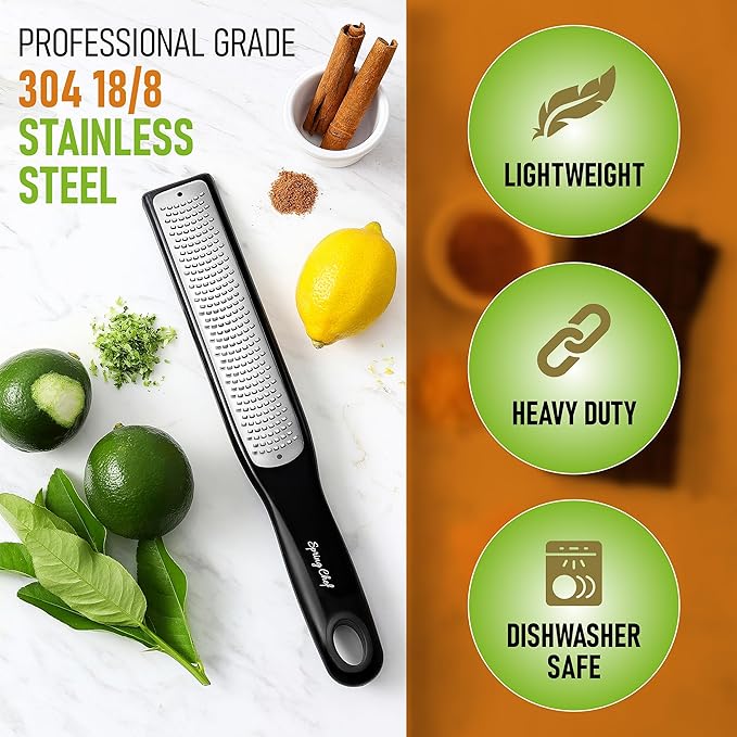 Spring Chef Premium Lemon Zester Grater with Handle - Fruits, Garlic, Chocolate, Nutmeg, Ginger Grater - Heavy Duty Kitchen Tool - Stainless Steel Citrus Zester with Blade Cover - Fine Shred, Black