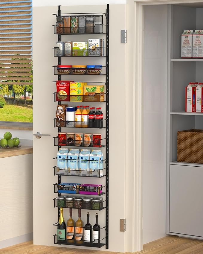 Over the Door Organizer, 10-Tier with Adjustable Bins - Kitchen Storage, Black
