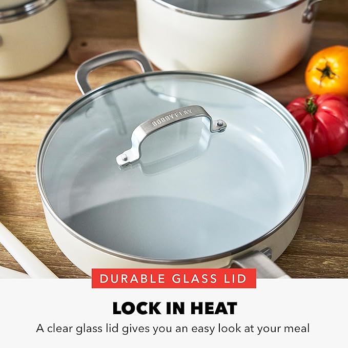 GreenPan x Bobby Flay 13 Piece Cookware Pots and Pans Set and 8" Chef's Knife. PFAS & PFOA-Free Ceramic Nonstick, Induction Suitable, Stay-Cool Silicone Handle, Dishwasher & Oven Safe, Cream