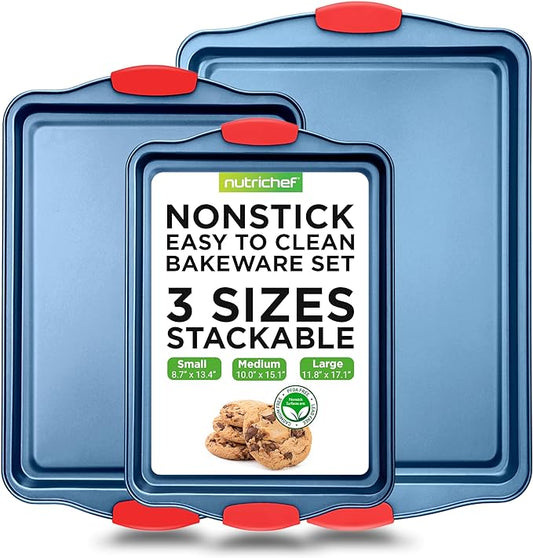 NutriChef 3-Piece Nonstick Cookie Sheets for Baking - Premium Carbon Steel Baking Trays w/ Non-Stick Smooth Coating & Silicone Handles - Large, Medium, & Small Bakeware - Blue
