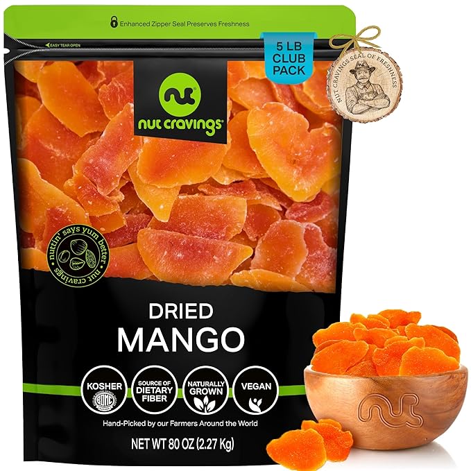NUT CRAVINGS - Sun Dried Mango Slices, Lightly Sweetened (80oz, 5 LB) Bulk Dry Fruits Packed Fresh in Resealable Bag - Sweet Healthy Snack, Naturally Grown, Vegan, Kosher