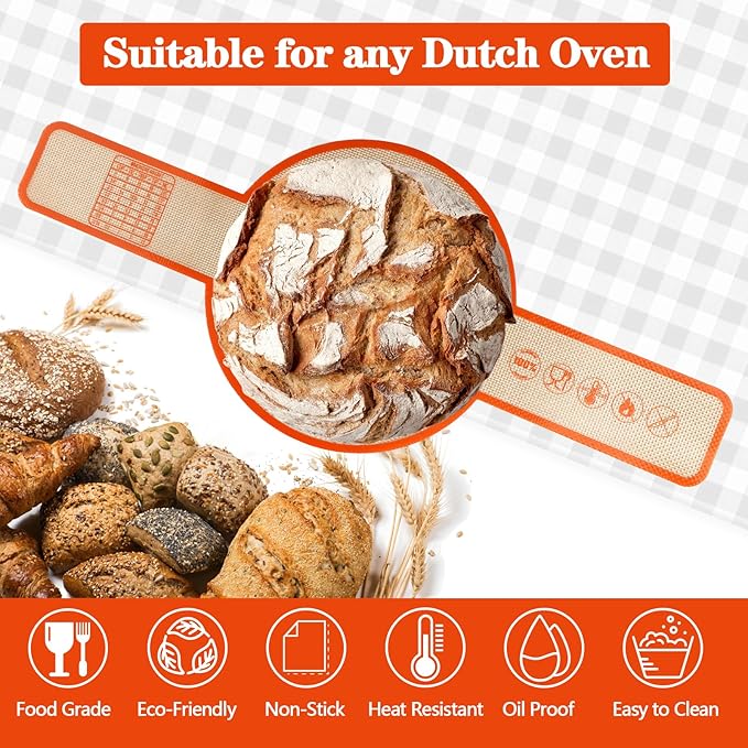 UBeesize 2 Pack Thickened Silicone Bread Sling, Reusable Sourdough Bread Baking Mat For Dutch Oven 2-8 Qrt, Non-Stick, Easy To Clean, With Extra Long Handles Bread Baking Sheet Liner.
