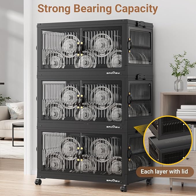 120QT Large Stackable Storage Bins with Lids, Plastic Closet Organizer and Storage Drawer, Collapsible Storage Box with Wheels, Folding Storage Cabinet with Doors for Home Kitchen, 1Pack Black