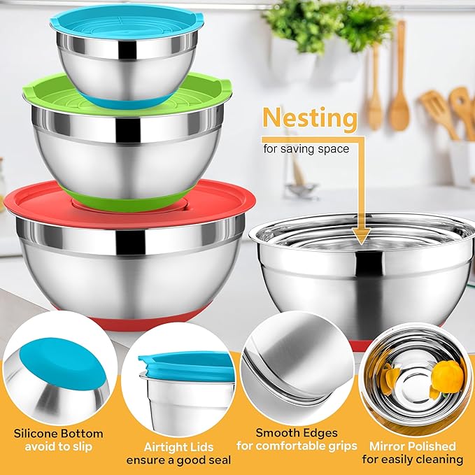 P&P CHEF Mixing Bowl with Lids Set of 3, Stainless Steel Nesting Salad Bowls for Serving Preparing, 3 Grater Attachments & Non-Slip Bottoms, Size 1.5/2.6/4.6 QT, Multicolor