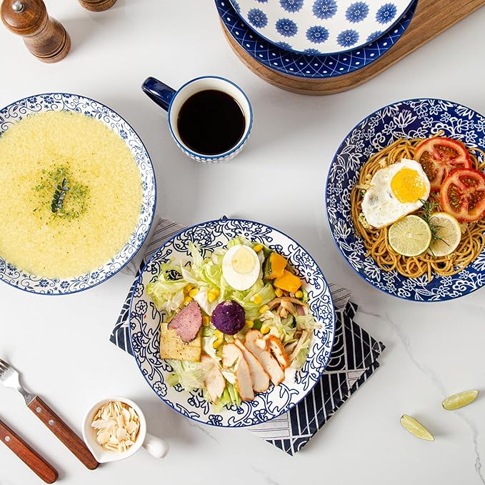 Ceramic Pasta Bowls Set - 40 Oz Porcelain Large Salad Bowls Serving - 9 Inch Wide Shallow Plate Bowls for Eating - Housewarming Wedding Gift - Oven Dishwasher Safe - Set of 6 - Vintage Blue