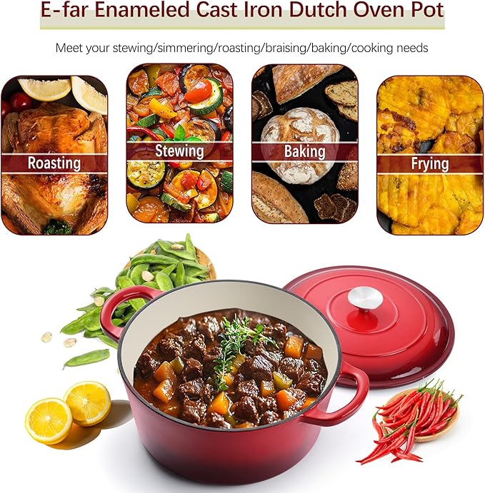 E-far 7QT Enameled Dutch Oven, Cast Iron Dutch Oven Pot with Lid for Cooking/Bread Baking/Braising/Roasting/Stewing, Heavy Duty Round Nonstick Cookware Safe for Induction & Oven - Red