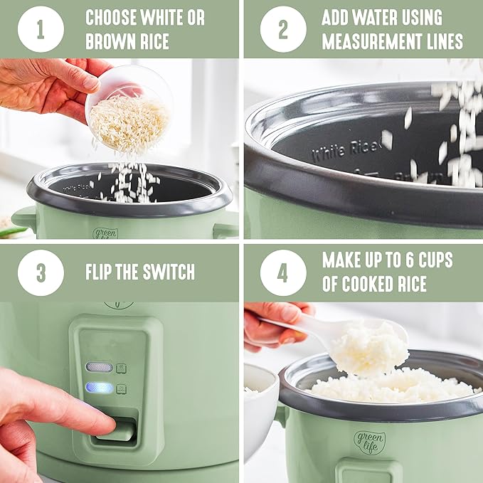 GreenLife Electric Rice Cooker, 3-Cups Uncooked/6-Cups Cooked, Removable PFAS-Free Nonstick Pot, One-Switch Design, Auto Keep Warm, Small Space Saving, Rice Paddle, Soup, Grains, Oatmeal, 1.5 QT, Green