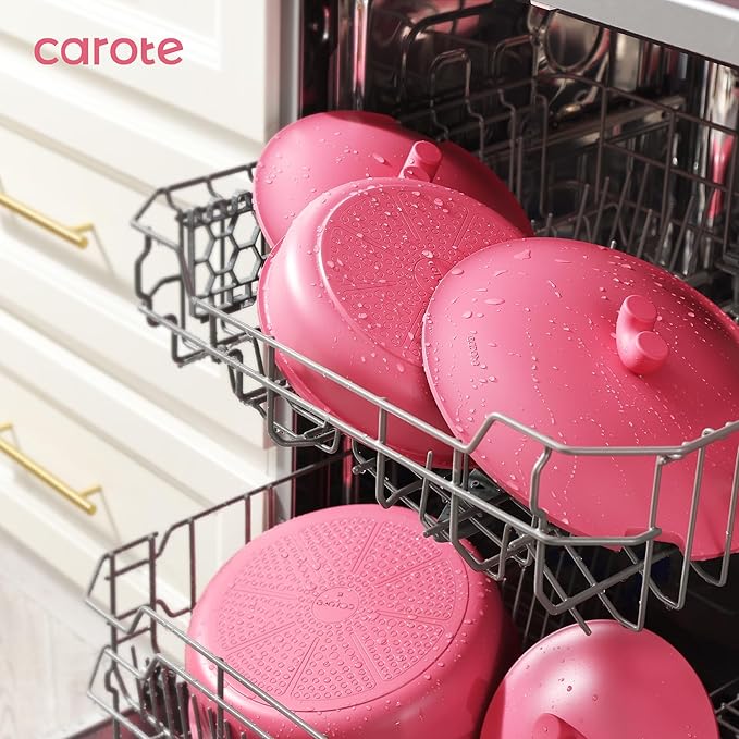 CAROTE 24pcs Pots and Pans Set Non Stick, Nonstick Cookware Set, Oven/Dishwasher/Fridge Safe Pots and Pans, RV Safe Cookware, Induction Kitchen Gift Set Detachable Handle, Pink