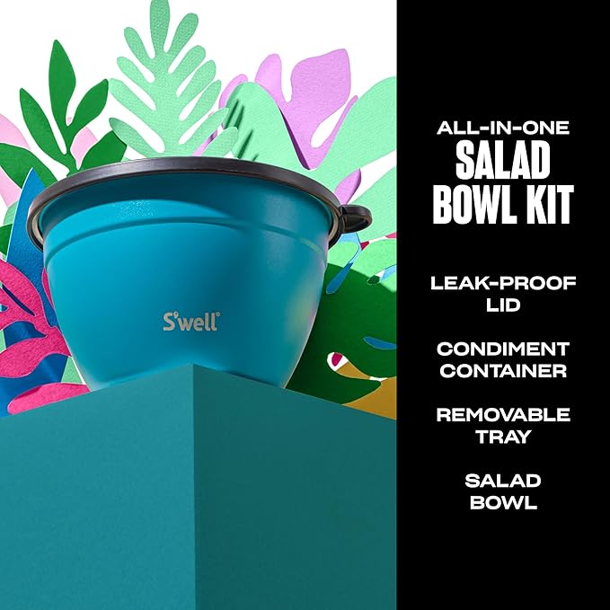 S'well Stainless Steel Salad Bowl Kit 64oz, Peacock Blue, Comes with 2oz Mini Canister and Removable Tray for Organization, Leakproof, Easy to Clean, Dishwasher Safe