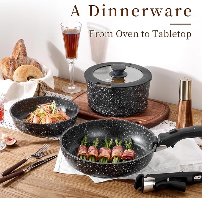 JEETEE Pots and Pans Set Non Stick 17pcs, Kitchen Cookware Sets with Detachable Handle, Induction Nonstick Cookware Set with Removable Handle, Stackable RV Cookware, Oven Safe, PFAS/PFOA Free, Black