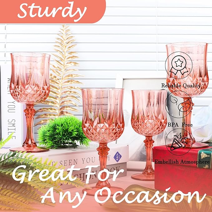 Plastic Wine Glasses，Plastic Goblets Vintage Style Cordial Drinking Glasses for Wedding Reception, Grand Event Party Supplies (48, Rose Gold)