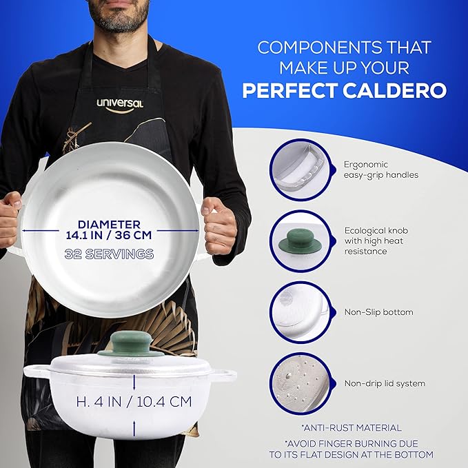 Universal (Professional Large) Caldero 32 Cups - 11.6 QT / 11 L, Stainless Aluminum Pot, Even Heat Distribution and Fast Cooking Dutch Oven Pot, Ergonomic Handles, Ideal for Rice, and French Fries