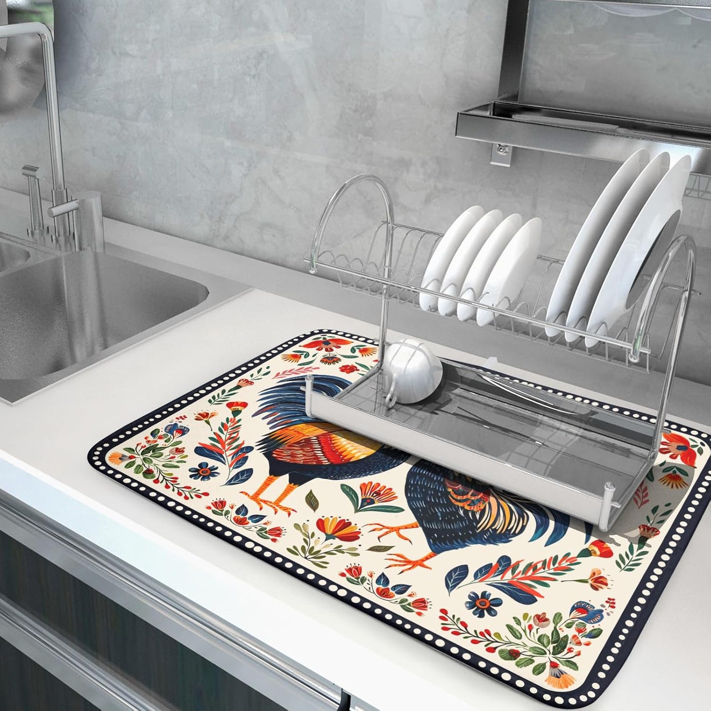 Rooster Poultry Dish Drying Mat for Kitchen Counter 18x24 Inch Microfiber Absorbent Colorful Printing Drying Pad